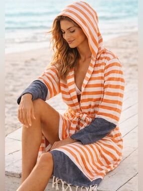 Hooded Towel Robe Organic Turkish Cotton Striped Bath Beach Pool Spa Cover Up